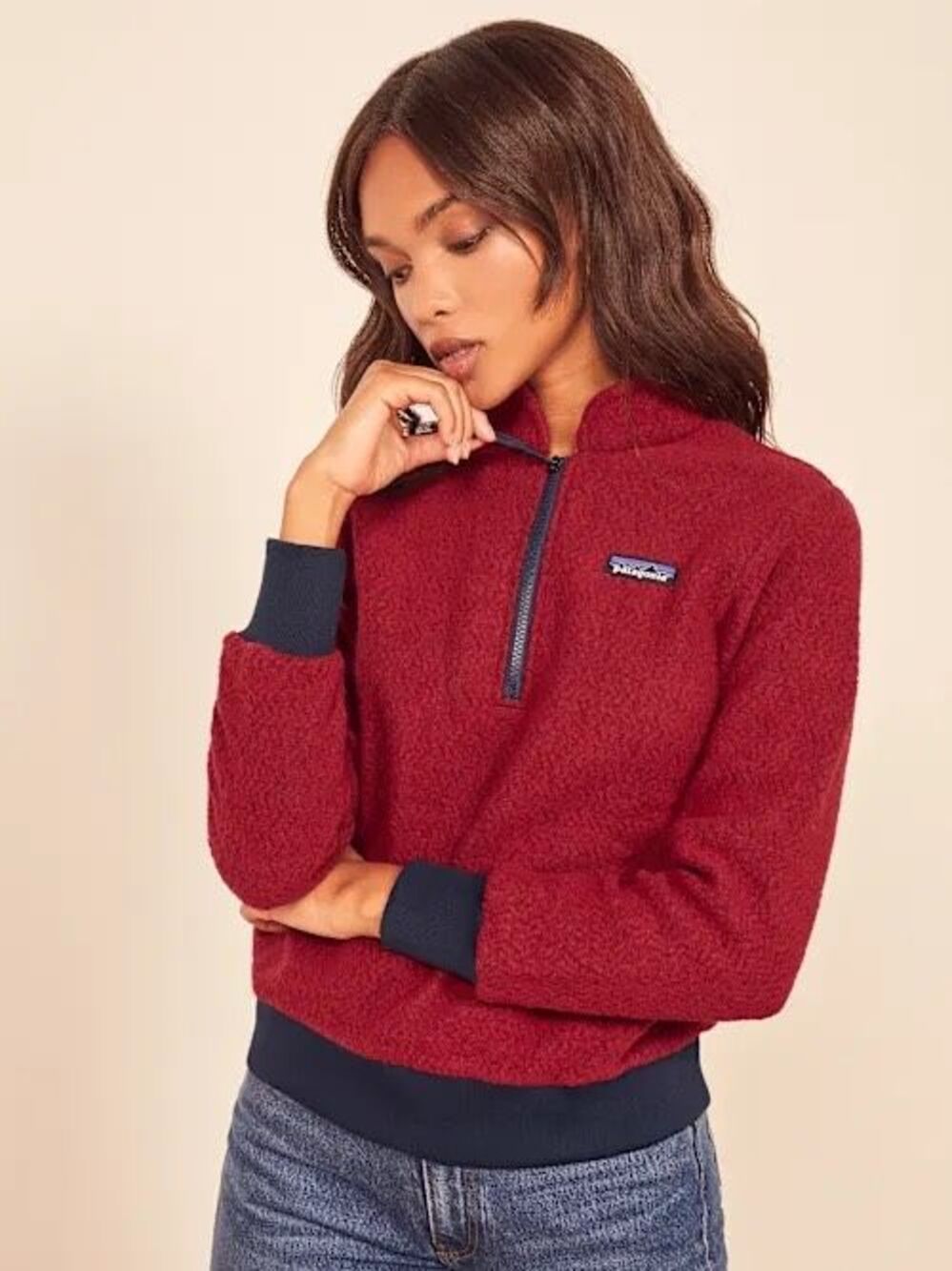 Patagonia Woolyester Wool Fleece Quarter Zip Pullover Oxide Red Navy M
